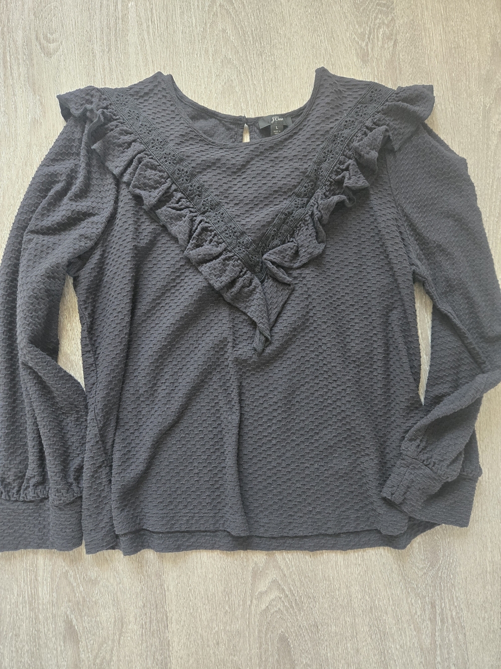 J.Crew Dark Gray Ruffle & Eyelet Lace Trim Long Sleeve Blouse Top Size Large